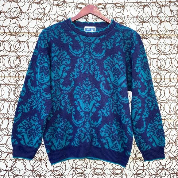 Vintage 90s Cape Cod filigree teal blue sweater